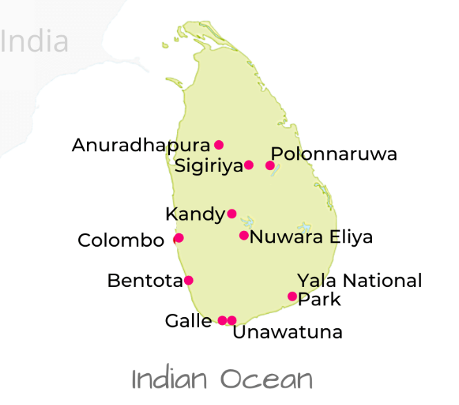 Sri Lanka Travel Destinations Map enlarged by Jasmine Trails